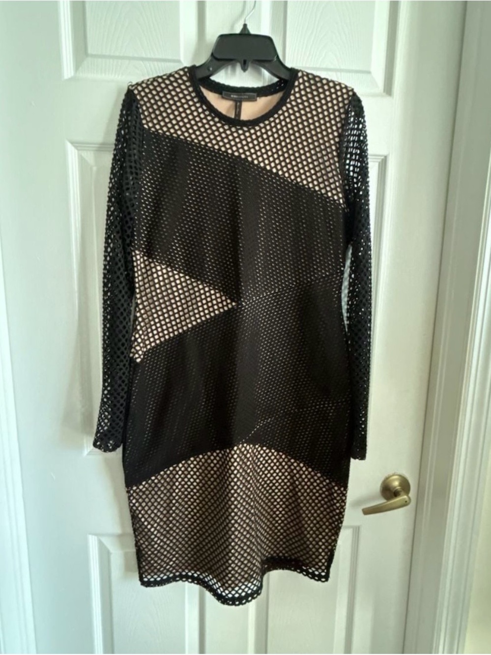 BCBGMaxAzria Black Mesh Long Sleeve Shift Dress with Nude Lining